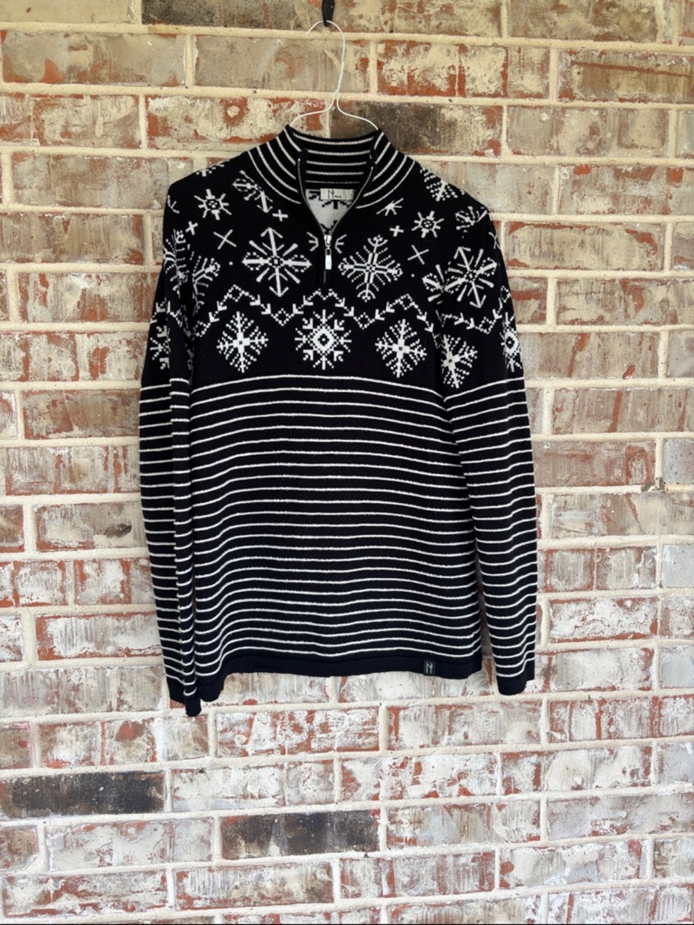 Neve Women’s Black & White Quarter-zip Snowflake Striped Ski Sweater